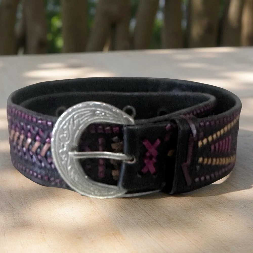 Western Boho Handmade Leather Belt Black Multicolor Woven design Size 34.75x1.45